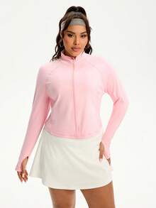 Rhythm Era Women's Minimalist Thumb Hole Stand Collar Zip-Up Long Sleeve Sports Casual Jacket, Suitable For Daily Wear, Running, Plus Size Plus Size Workout Top Zipper Tennis Skirt Set Plus Curvy Workout Top Zipper Front Women Athletic Zip Up Long Sleeve Gym Outfit Women Gym Shirt Women S Long Sleeve Plus Size Workout Top Zipper Front Workout Top Zipper Front Long Sleeve Curvy Workout Top Zipper Front Long Torso Gym Shirt Women Long Sleeve Blouse Gym Golf Outfit Women Curve - Baby Pink - View 3