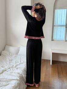 DAZY 女士甜美撞色格子荷叶边睡衣套装，秋季服装 - 黑色 - 查看 2