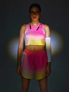 Powerista Women Ombre Color Round Neck Tank Top And Shorts Sports Set Workout Sets - Pink - View 6