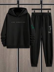 Manfinity Homme 2 件男士休闲字母标语图案印花运动衫和运动裤套装，洛杉矶运动服，秋冬服装 - 黑色 - 查看 3