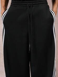 SUMWON 高级舒适抽绳运动裤，阔腿复古运动风侧条纹休闲家居服街头时尚运动休闲秋冬裤装纯色 - 黑色 - 查看 6