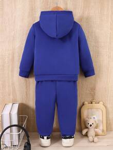 2 件套年轻男孩休闲条纹印花连帽衫和裤子套装，春秋 - 藍色 - 查看 2