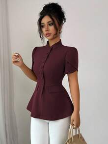 Elenzga Áo sơ mi nữ tay ngắn thanh lịch phong cách Sicilia, cổ đứng, cài nút phía trước, tay bồng, dáng chữ A, túi trang trí, thích hợp mặc khi đi làm, đi nghỉ, tiệc trà chiều, tiệc tùng, xuân/hè - Màu Tím - Xem 1