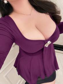 Flirla Plus Size Women's V-Neck Lace Patchwork Hollow Out Elegant Vintage Sexy Long Sleeve Purple T-Shirt, Autumn/Winter Fall Cloth For Women