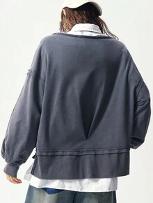 Bohemela Casual Solid Color Knit Round Neck Lantern Sleeve Loose Washed Relaxed Fit Women Sweatshirt In Fall/Winter - Grey - View 7