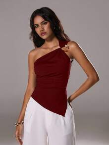 TRNVIE Áo cánh màu đen thanh lịch, cài nút trang trí vai lệch, viền bất đối xứng dành cho nữ, mùa xuân/hè - Màu Đỏ Sâu - Xem 6