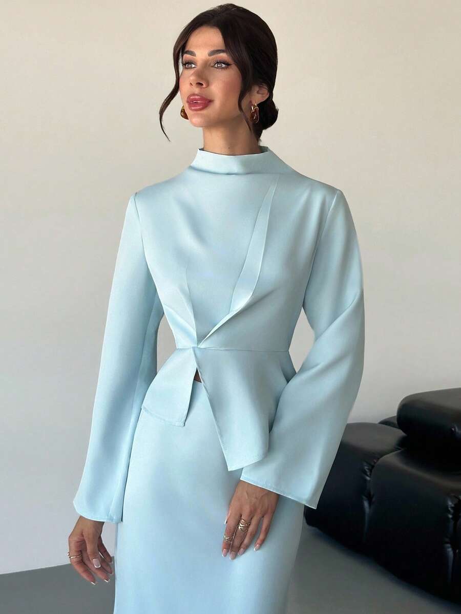 Firerie 女士优雅休闲都市通勤时尚百搭蓝色长袖立领不对称下摆衬衫搭配直筒裙套装，秋季穿搭 - 淺藍色 - 查看 1