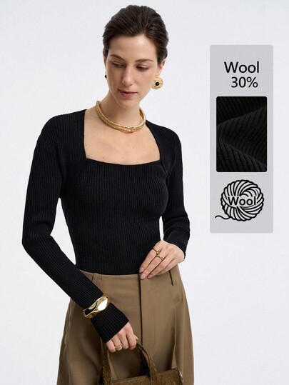 SHEIN X Jwoww Aalyst Suéter de manga larga de mujer con textura acanalada, elegante y ajustado, de unicolor