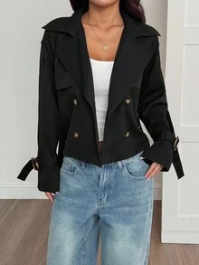 SHEIN PETITE Beige Button-Down Drawstring Trench Coat Women's Black_crop_jacket Women_black_blazer Black_jacket_women Black_belted_jacket Short_black_jacket In Fall/Winter