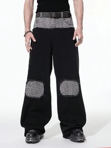 ROMWE MEN Grunge Punk Men's Leopard Print Patchwork Wide Leg Loose Fit Jeans - Black - View 1