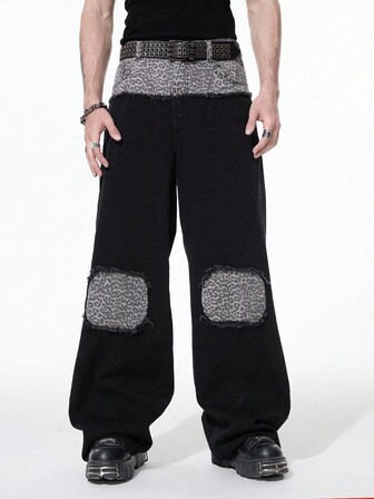 Grunge Punk Jeans de pierna ancha y corte holgado con estampado de leopardo y parches para hombre