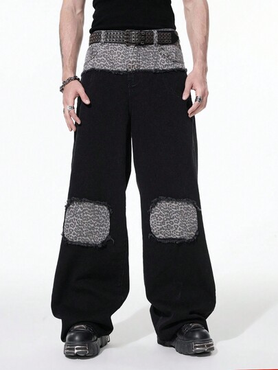 Street Life Jeans de pierna ancha y corte holgado con estampado de leopardo y parches para hombre