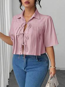Elenzga Women's Pleated Bow Front Short Elegant Blouse - Pink - View 5