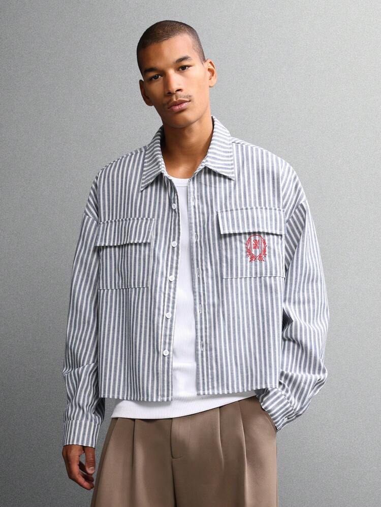 Cropped Button Down Striped Shirt With Utility Pockets