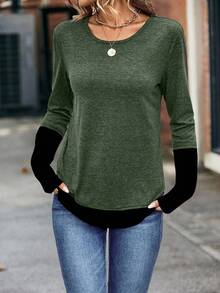 EMERY ROSE Áo thun nữ tay dài cổ tròn phối màu, kiểu dáng thường ngày, thích hợp cho mùa thu xuân hè. - xanh quân đội - Xem 3