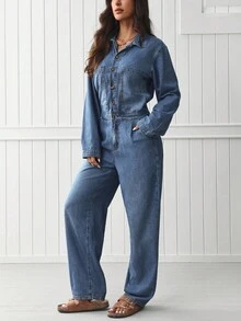 EMERY ROSE 女士休闲通勤洗水牛仔连体裤 - 藍色 - 查看 5