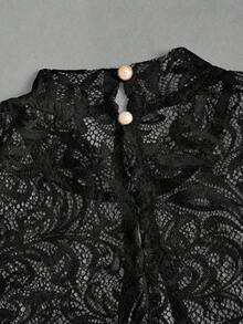 Fairmaia German Traditional Women's Open Collar Puff Sleeve Sheer Lace Blouse