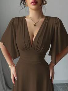 Elenzga New V-Neck Ruched Bust Ruffled Sleeve Waist Cinched Elegant Mini Dress For Women, Flattering & Slimming - Brown - View 3