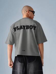 PLAYBOY X SUMWON Oversized Casual Summer Crop T Shirt Contemporary Short Sleeve Ribbed Neckline Bunny Logo Classic Streetwear Comfort Fashion Basic Wear - Grey - View 3