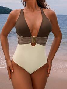 Shapewave Đồ bơi một mảnh cắt cao có họa tiết kim loại, màu tương phản, có thể điều chỉnh, kiểm soát bụng, dáng chữ thập phía sau, dành cho kỳ nghỉ hè trên bãi biển dành cho nữ - Nhiều màu - Xem 3