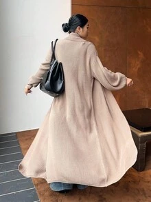 Flirla Plus Size Women Warm Turndown Collar Single Button Long Knitted Cardigan Sweater, Suitable For Autumn/Winter, Back To School, Indoor/Outdoor Commute Fall Cloth For Women