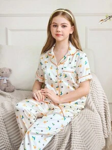 Girls Colorblock  Floral Print Button Front Pajama Set Floral Pajama Set Kids Collar Neck Long Pajama Sets - Yellow - View 5
