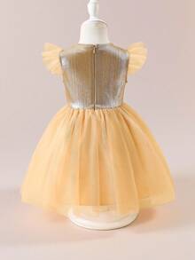 Glamorique Kids Baby Girl Elegant Party Dress With Silver Foil Mesh Cap Sleeves, Autumn/Winter,Christmas Dress Fall - Champagne - View 2