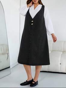 SHEIN CURVE+ 女士黑色秋冬V领A字连衣裙，教师制服，女士所有服装，万圣节服装，女士乡村风格，别致秋季