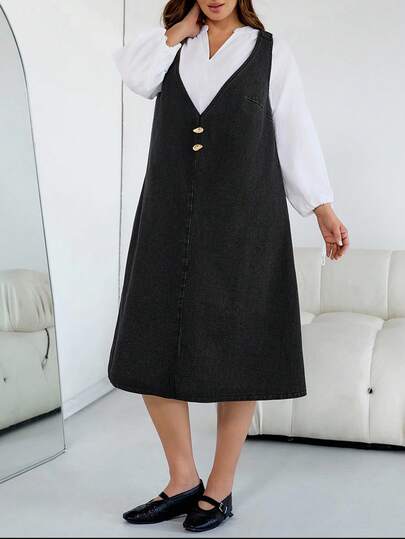 SHEIN CURVE+ 女士黑色秋冬V领A字连衣裙，教师制服，女士所有服装，万圣节服装，女士乡村风格，别致秋季