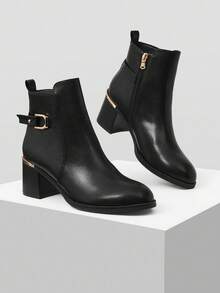 MOTF 女士厚底圆头时尚踝靴，黑色皮革绑带装饰礼服靴，适合圣诞节穿着 - 黑色 - 查看 9