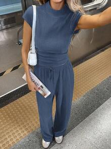 Siren Gaze Set de 2 piese pentru femei, culoare solidă, cu guler mandarin, mâneci încrețite, top și pantaloni, casual, set de 2 piese, albastru, set de 2 piese, set de 2 piese pentru femei, set de 2 piese pentru femei, mânecă scurtă, set de 2 piese pentru femei, seturi casual de 2 piese pentru femei