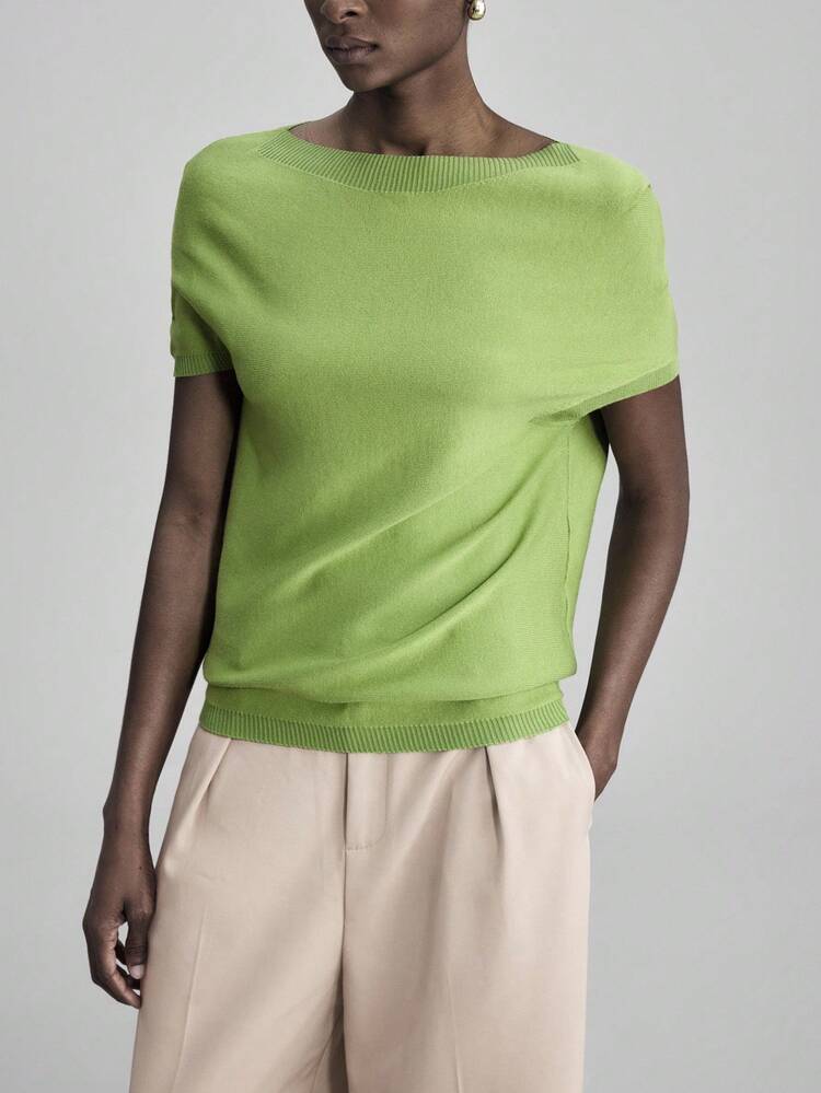 2025 Autumn Women's Clothing, School Uniform, Rural Style Clothing, Solid Color Minimalist Daily Short Sleeve Knit Top, Casual Outerwear