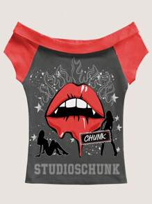 Studio Chunk Women's Off Shoulder Fitted Short Sleeve T-Shirt, Grey, Red, Color Block, Flame, Star, Splatter, Lips, Vampire, Silhouette, Sexy, Dark, Halloween, Hottie, Street Style, Y2K, Casual, Suitable For Autumn/Winter, Parties, Clubs, Daily Wear Punk Tops Clubbing Tops Basic Tops - Grey - View 5