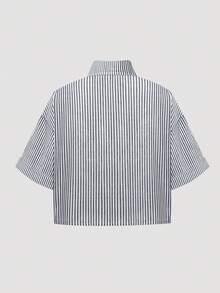 Elamini 条纹宽松休闲袖口短袖女衬衫 - 藍白色 - 查看 2
