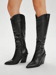 Styleloop Women's Black Patchwork Tall Boots, Western Style Stacked Heel Pointed Toe Boots - Black - View 2