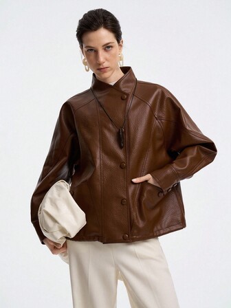 Aalyst เสื้อโค้ทหนังสำหรับผู้หญิงฤดูใบไม้ร่วง/ฤดูหนาว, สไตล์สตรีทที่สง่างาม ลำลอง ใส่ไปทำงานในออฟฟิศ ไปเรียน, รถจักรยานยนต์ วินเทจ กระดุม 4 เม็ดด้านหน้าตรงกลาง กระเป๋าข้าง แขนแร็กแลน ชายเสื้อรูด, ทรงหลวม พอดีตัว