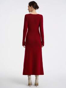 Aalyst Rochie lungă elegantă din angora, cu decolteu în V, talie mulată, linie A, subțire și grațioasă, mânecă lungă, potrivită pentru primăvară și toamnă - Burgundia - Vizualizare 6