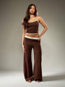 MISSGUIDED Soft Touch Wide Leg Lounge Set With Contrast Trim Cami Top And High Rise Pants Luxurious Comfort Leisure Wear Coordinated Pajama Set - Coffee Brown - View 5