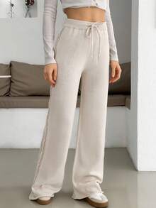 EURMUSE Women Solid Color Cable Knit Pattern Drawstring Detailed Sweater Pants,Burgundy Trousers - Beige - View 6