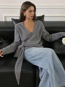 女士纯色宽松斜领系带休闲优雅开衫，秋冬 - 灰色 - 查看 6