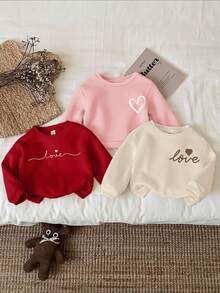 SHEIN 3 件装年轻女孩休闲简约心形图案加厚保暖内衬长袖连帽衫，适合秋冬季 - 彩色 - 查看 3