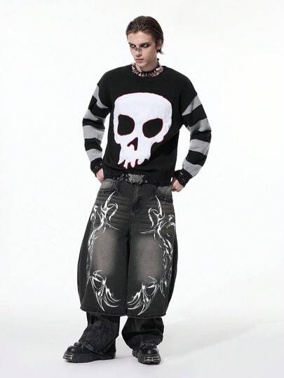 Grunge Punk Herren lässiger, locker sitzender Pullover mit Totenkopf- und Streifenmuster, Rundhalsausschnitt, Drop-Shoulder und Langarm, Herbst