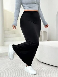 Solflare 大码黑色高腰休闲百搭紧身半身裙