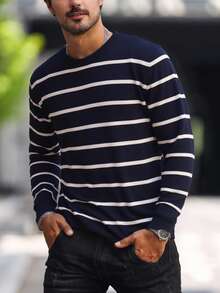 Manfinity Homme 男士 Old Money 休闲条纹圆领毛衣，秋季男士长袖毛衣，冬季 - 彩色 - 查看 5