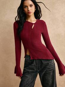 Poéselle Lässiges asymmetrisches Hals Einfarbig geripptes Langarm Slim Fit T-Shirt für Herbst und Winter, weiches Nadelstreifen Strick Oberteil, Skinny Stretch T-Shirt, mühelos schickes Essentiell, FW24, Herbst Damen
