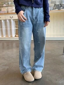 DAZY Teen Girl Straight Leg 7/8 Length Jeans With Bow Embroidery, Sweet Student For Fall - Medium Wash - View 7