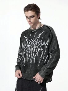 ROMWE MEN Goth 男士圆领不对称线条图案针织毛衣 - 黑色 - 查看 5