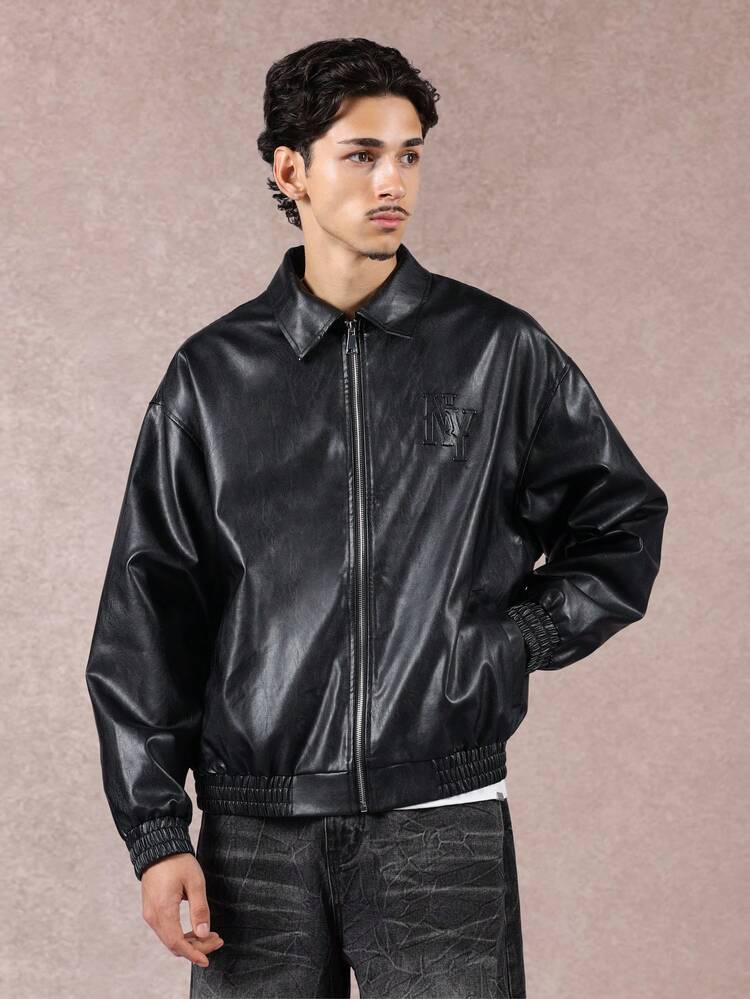 Black Leather Bomber Jacket With Embossed Logo