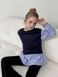 Tween Girls Striped Patchwork Ruffle Hem 2 In 1 Sweatshirt Fall Winter