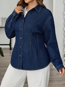SHEIN CURVE+ 女士加大码深牛仔蓝收腰长袖牛仔衬衫，适合所有场合，万圣节服装，乡村风格，时尚秋季 - 深色水洗藍 - 查看 5